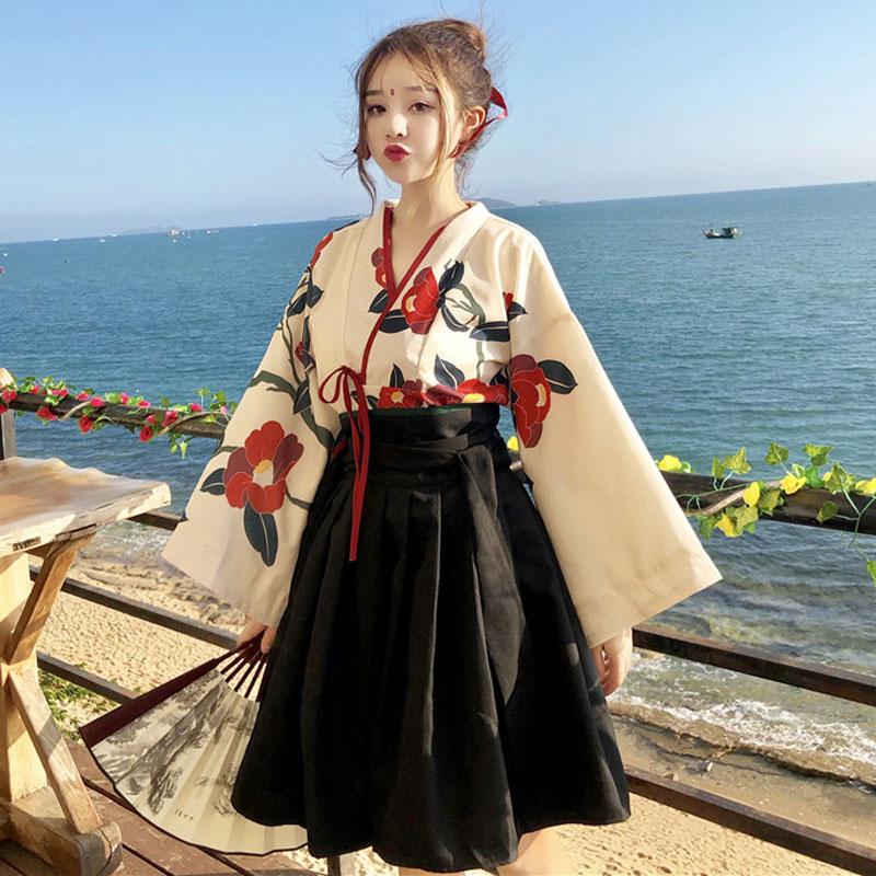 

Women's Blouses & Shirts Japanese Vintage Floral Kimono Women Lace Up Long Sleeve Korean Print Flower Boho Beach Girl's Hanfu Cardigan, White