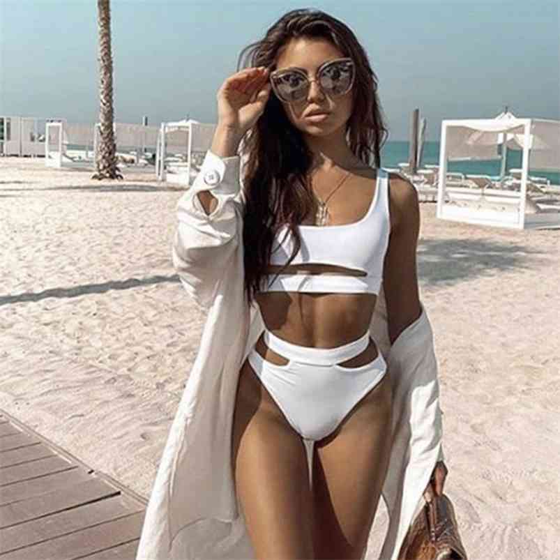 

High Quality White Bikinis Waist Bikini Padded Bra Hollow Out Sexy Swimsuit Female Swimwear Women Bathing Suit 210629