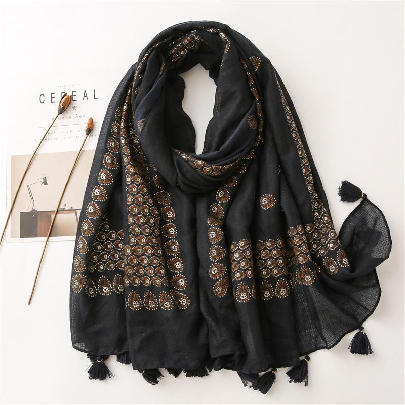 

Scarves 2021 Vintage Flower Print Tassel Scarf And Shawls Women Long Soft Floral Silver Foil Wrap Hijab, Blue;gray
