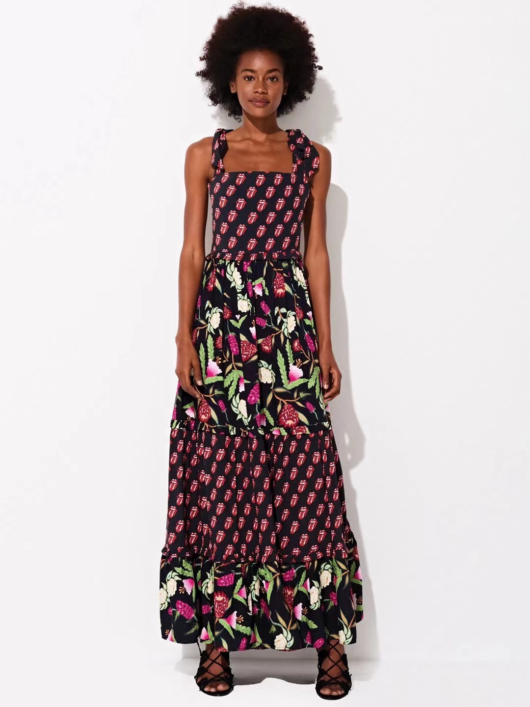 

2021 new summer women's holiday dress colorful suspender skirt stitching printing waist slim swing dress, Black;gray