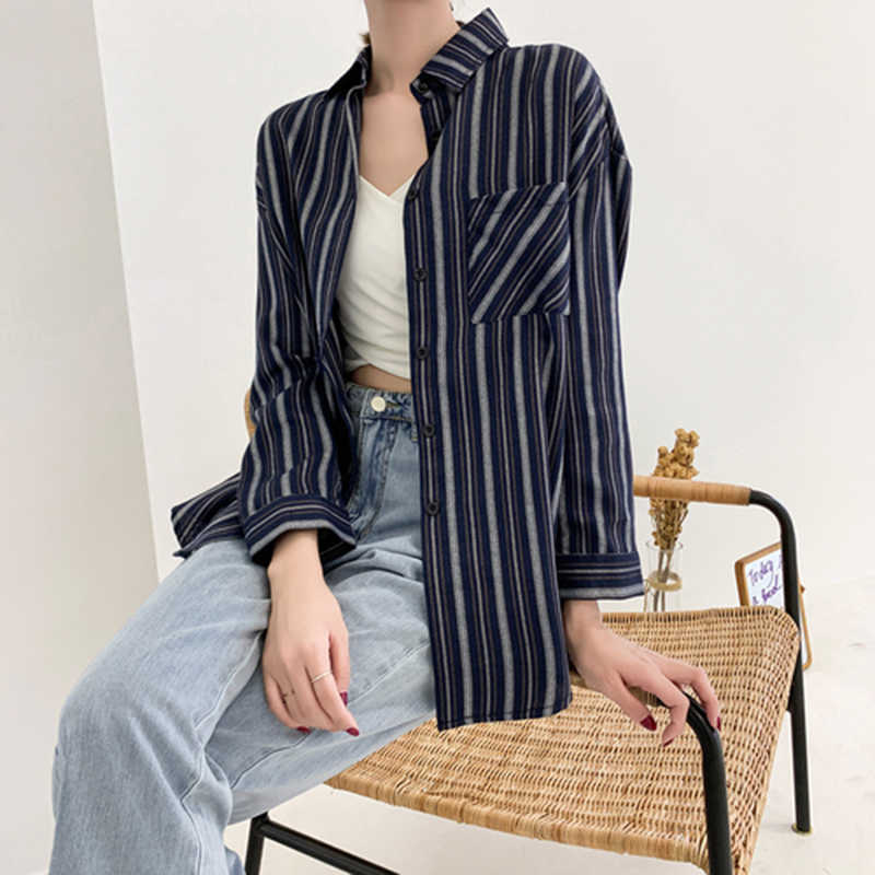

Autumn Winter Fashion Women Long Sleeve Loose Shirts Coat All-matched Casual Turn-down Collar Striped Korean Blouse D569 210608, Blue