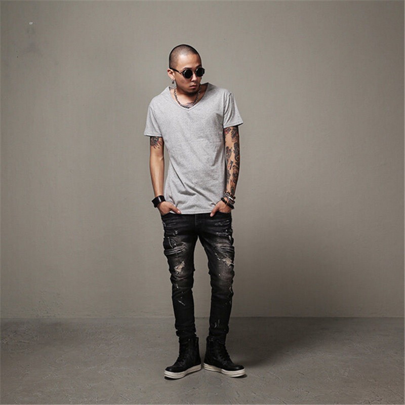 

2021 New Europe Street Brand Stretch Biker Denim for Men Motorcycle Black Worn Out Big Size 0hvq