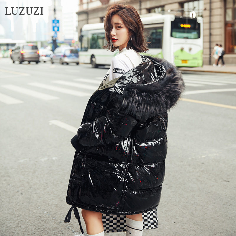

2021 New Luzuz Ireal Reccoon Fur Leather Women's Winter Jacket Thick Duck Down Coat Female Long Hooded Waterproof Parkas Oversized 2aly, Black