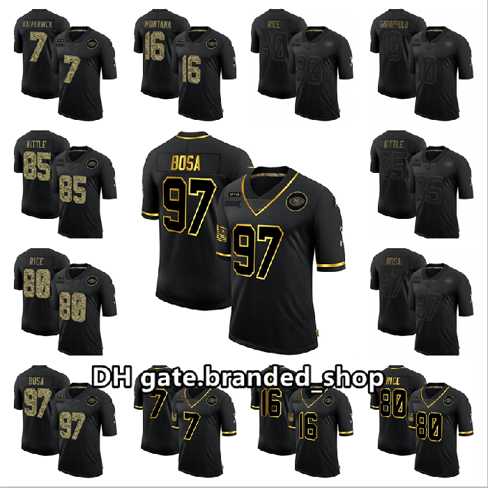 

San Francisco 49ers men 85 George Kittle 97 Nick Bosa 16 Joe Montana 80 Jerry Rice Black Golden Salute To Service Limited Jersey, Black;red