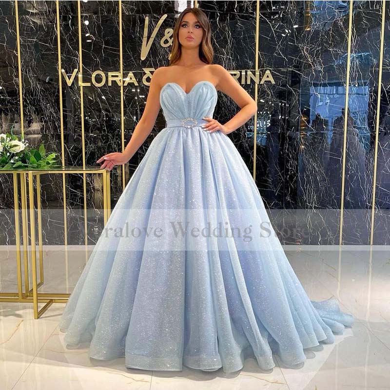 

Sweetheart Prom Dress Light Sky Blue Arabic Evening Dresses 2021 Sequins Sparkly Party Wear Robe De Soiree, Silver
