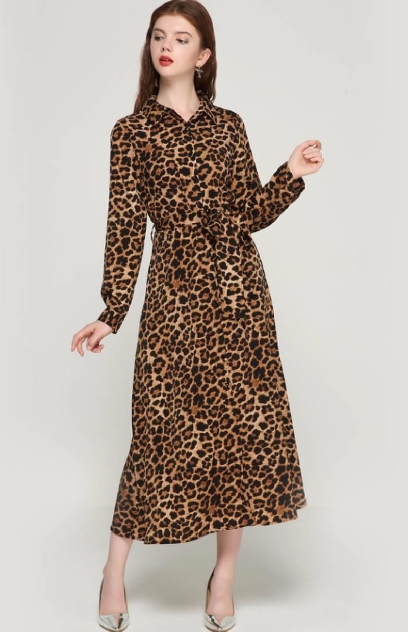 

2021 New Spring Autumn Women Leopard Print Mid-calf Bow Tie Sashes Long Sleeve Retro Ladies Casual Chic Es Vestidos 5m1n