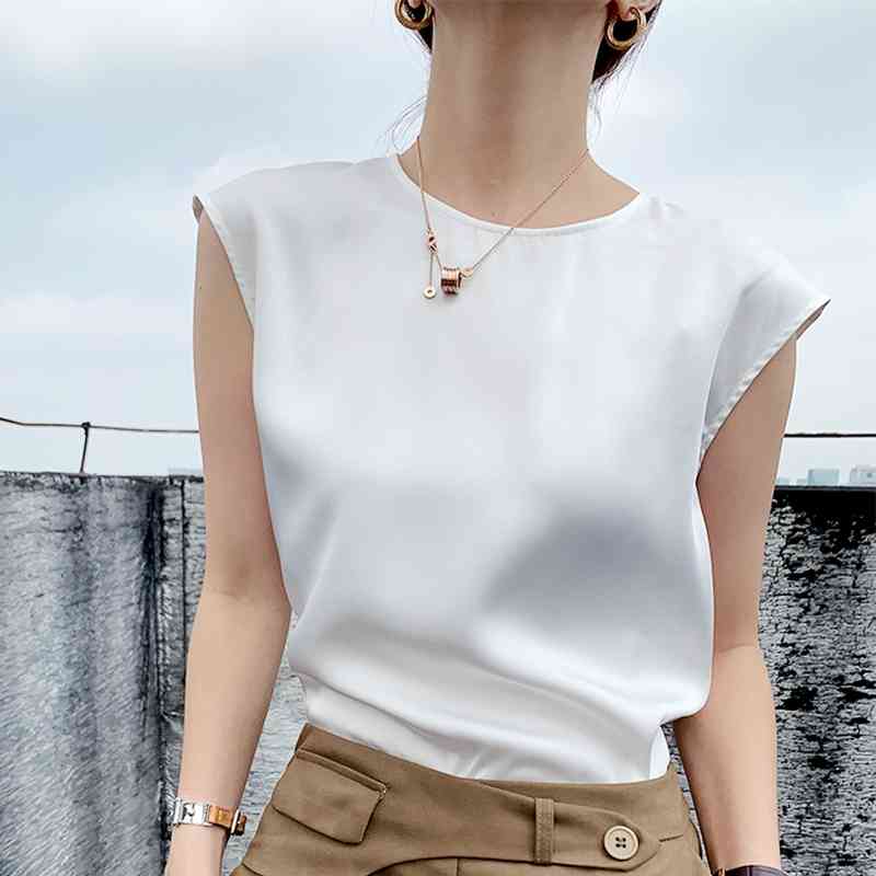 

Plus Size Tunic Satin Silk Blouse White Women' Elegant Office Basic Tops Summer Chiffon  for Women 210603, Khakishirt