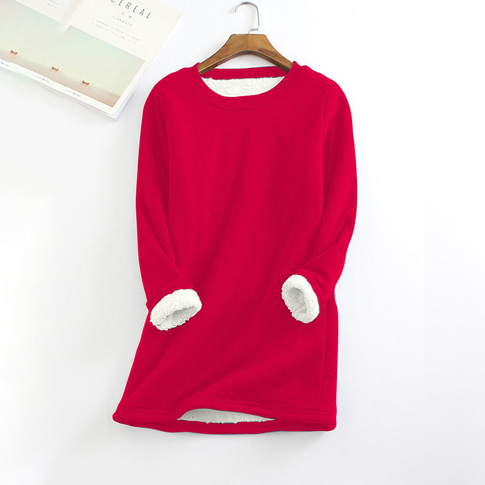 

2021 New Vintage Solid o Neck Hoodies Winter Long Sleeve Fleece Sweatshirt Casual Warm Thick Tops Plush Slim Women's Clothes 6slf, Coral red