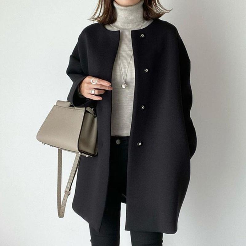 

Women's Wool & Blends Woolen Coats Women Winter Korean Style Fashion Casual O-neck Thin All-match Overcoat Ladies Clothing Mid-Length Outwea, Black