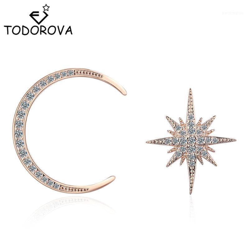 

Stud Todorova Bohemian Moon Star Rose Gold Color Earrings With Zircon Stone Fashion Jewelry Asymmetry Korean, Golden;silver