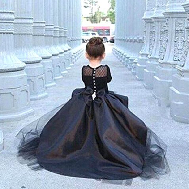 Black Lovely Flower Girls Dresses for Weddings Princess Jewel Long Sleeves Lace Appliques Big Bow Sweep Train Little Kids Holy Pageant Dress 2021-image-706257396