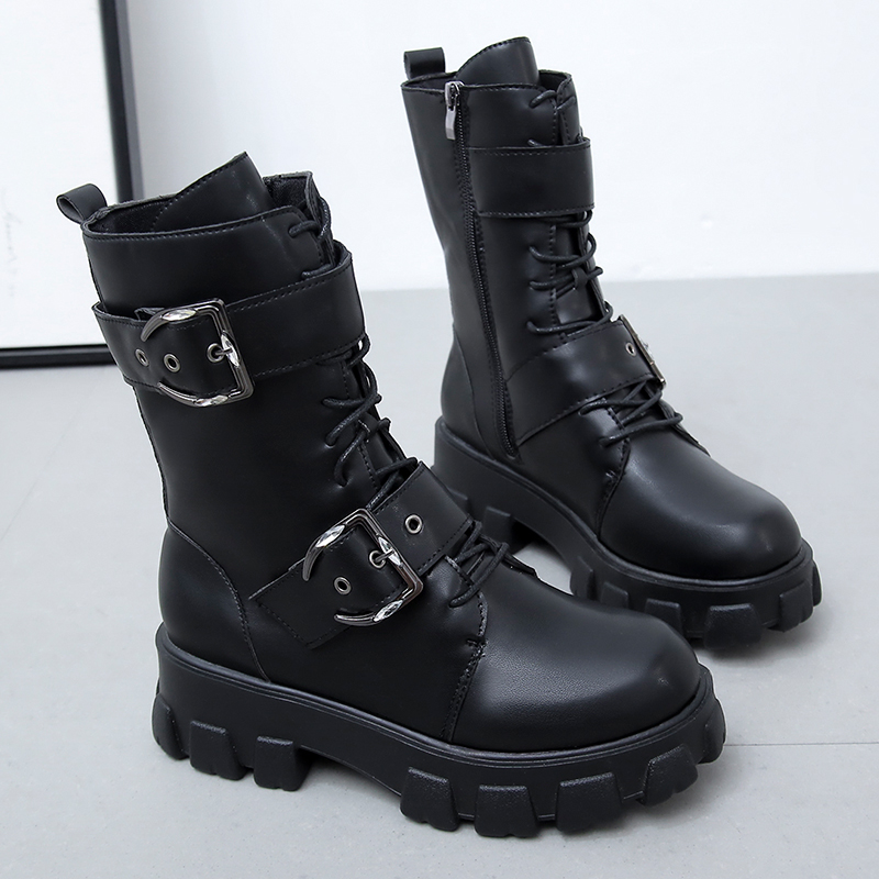 

2021 Winter Autumn Women Chunky Boots Double Buckle Motorcyle Boots Punk Lace Up Mid Calf Boot Platform Black botas mujer 8697N