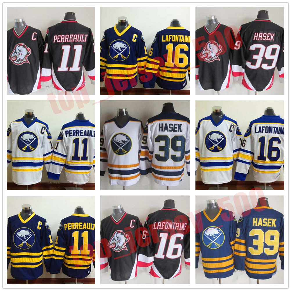 

Buffalo Sabres Hockey Jerseys 16 Pat LaFontaine 11 Gilbert Perreault 39 Dominic Hasek 1992 CCM Vintage Stitched Jersey C Patch, As shown in illustration