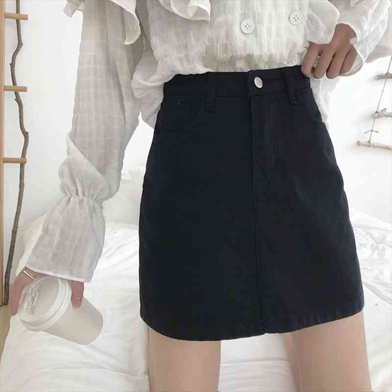 

jean high waist pure color women skirt black pockets fashion slim short a-line hip