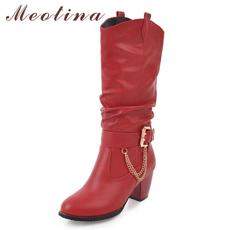 

Meotina Mid-Calf Boots Women Shoes Buckle High Heel Western Boots Pleated Chain Block Heels Boots Ladies Autumn Winter Black 210608