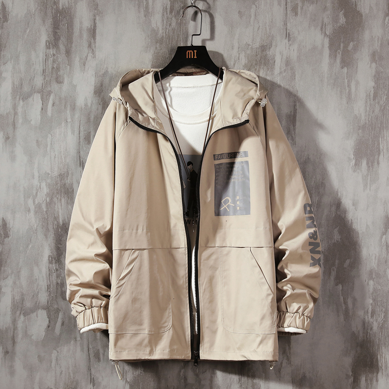 

2021 New Casual Overalls Hooded Black Windbreak Letter Print Sleeve Men Clothes Autumn Coats College Jacket BC94, Khaki
