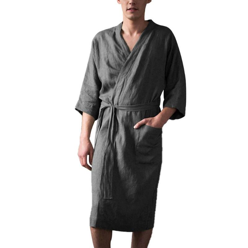

Men's Sleepwear Plus Size Half Sleeve Long Bathrobe Home Clothes With Pocket Solid Color Cotton Linen Pajamas Robe For Male, Black