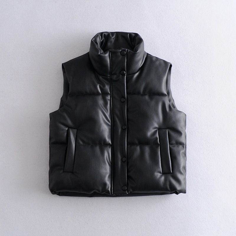 

2021 New Winter Women Coat Pu Faux Leather Jacket Casual Female Stand Collar Zipper Thick Warm Cotton Vest Outwear E4fp, Black
