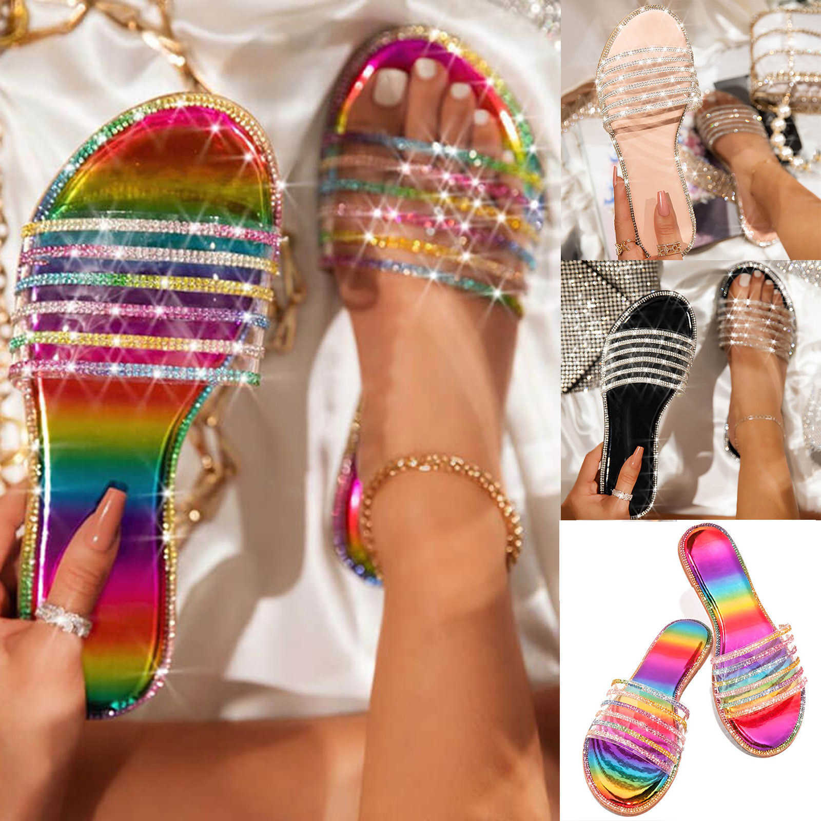 

Ladies Summer Fashion Casual Flat Retro Slippers Crystal Shoes Sandals Casual Sandals Women Beach Flip Flops Jelly Shoes H0827, Apricot-1