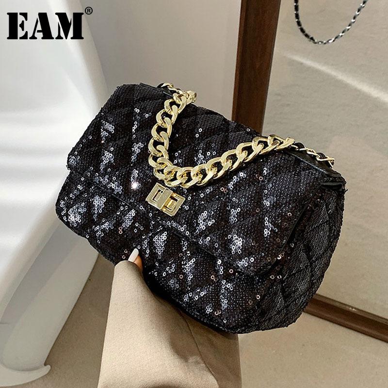 

[EAM] Women New Sequined Chains Handbag PU Leather Flap Personality All-match Crossbody Shoulder Bag Fashion Tide 2021 18A2021, Black