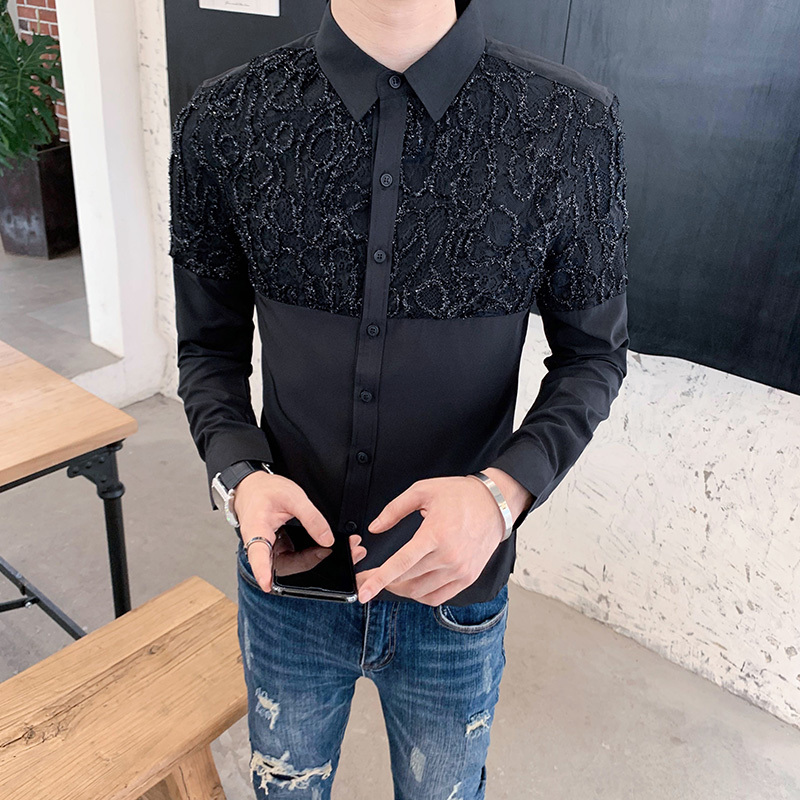 

New Preto/branco Moda Sexy Rendas Emendadas Camisas Para Roupas Masculinas 2021 Simples Magro Ajuste Casual Night Club Formatura Vestido 3xl, Black