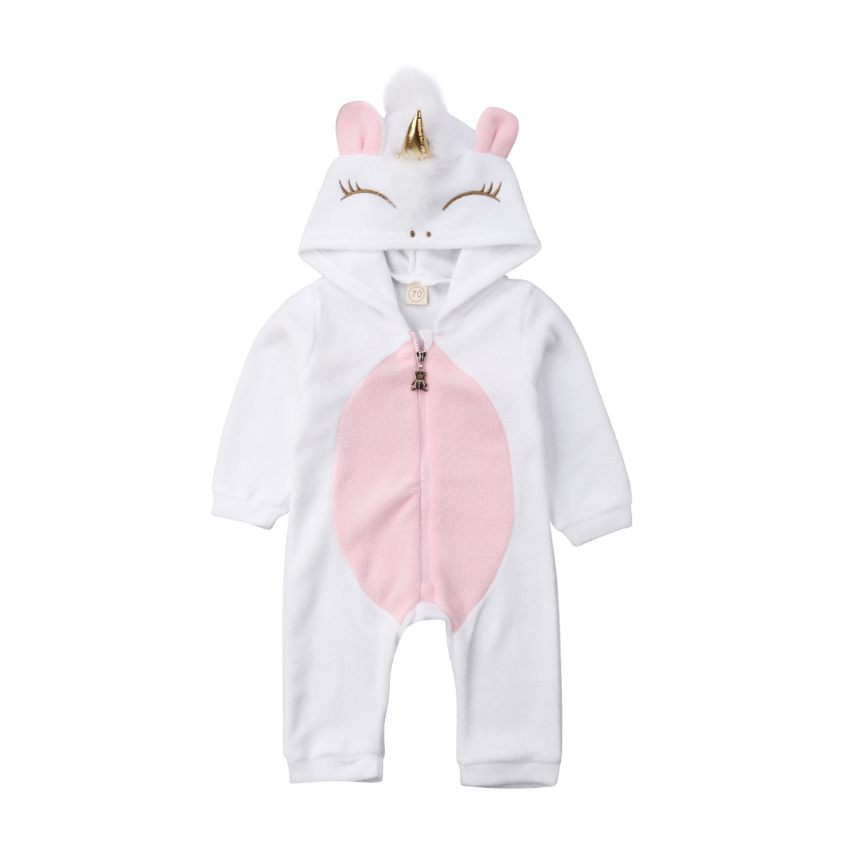 

Baby Girl 3D Unicorn Flannel Rompers Fashion girls Cartoon Hooded warm zipper Jumpsuit Newborn Romper Clothes, White