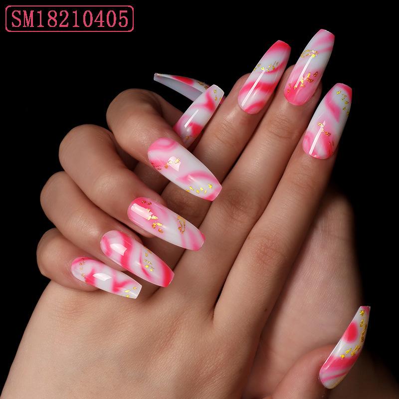 

False Nails 2021 Fake 24pcs Pink White Coffin Nail Patch Glue Type Removable Long Paragraph Fashion Manicure, Red;gold