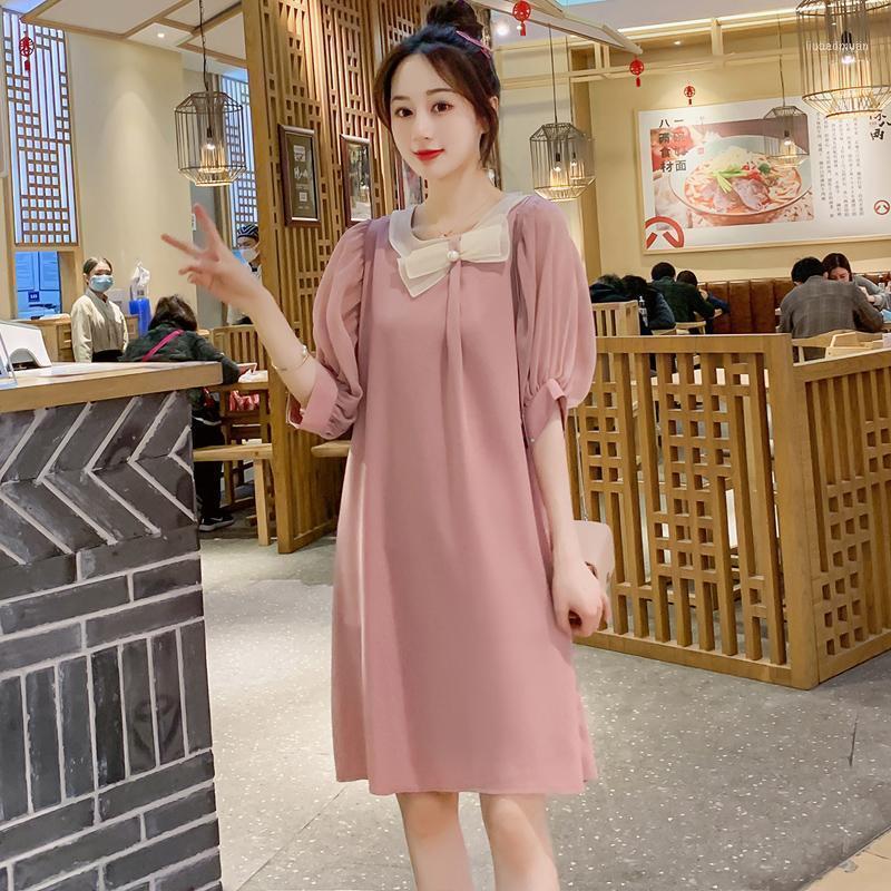 

726# 2021 Summer Korean Fashion Maternity Dress Sweet Lovely Chiffon Straight Clothes For Pregnant Women Chic Pregnancy1, Pink