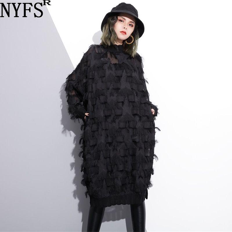 

Casual Dresses NYFS 2021 Spring Autumn Women Dress Vintage Tassel Pentagram Lace Long Vestidos Robe Loose Temperament, Black