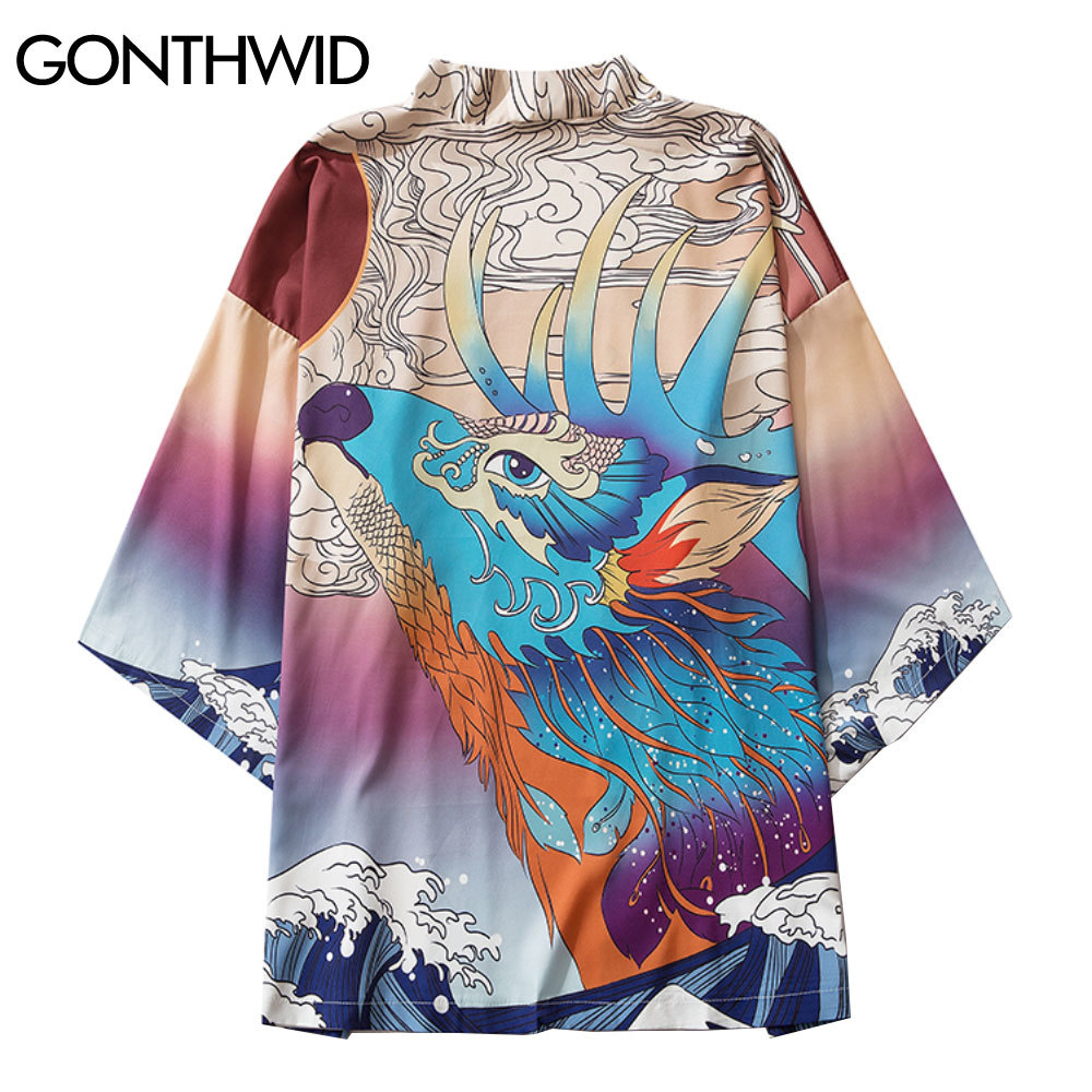 

GONTHWID Japanese Kimono Cardigan Shirts Casual Harajuku Men Deer Wave Print Deer Wave Print Jackets Streetwear Hip Hop Tops C0315, Black;brown
