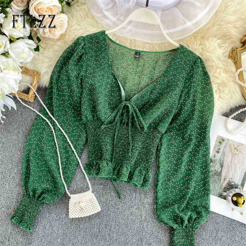 

Spring Summer Chiffon Blouse Tops Women Vintage Floral Print Beach Puff Sleeved Slim Bandage Blouses Sexy V-neck Bluse Mujer 210525