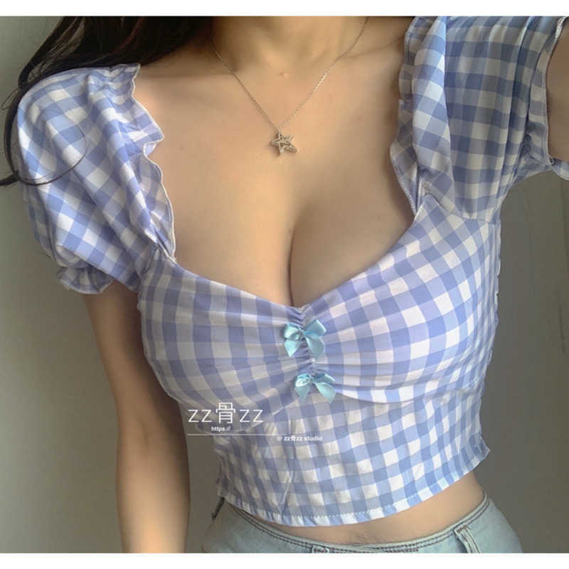 

WOMENGAGA Summer Bow Square Collar Puff Sleeve Plaid Printed Shirt Tops Blue Korean Sexy Women Blouse Shirts Blouses U8N 210603
