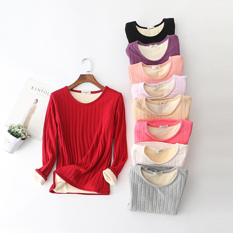 

Women's T-Shirt 2022 Winter Warm T Shirt Thick Fleece Thermal Underwear O Neck Long Sleeve Basic Tee Tops 122569WTA, White
