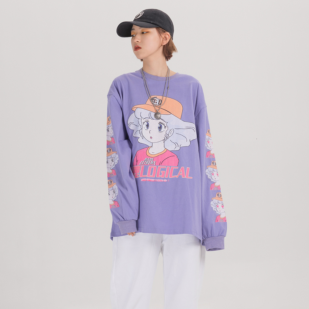 

2021 New Extreme Long Sleeve Harajuku Clothes Oversized Japanese Streetwear Cartoon Women Cute Kawaii Shirt Clothing Smng, Black