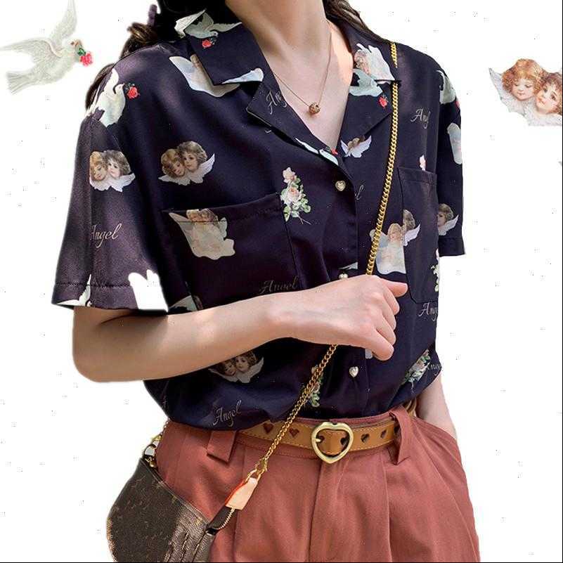 

retro angel print vintage womens blouses elegant summer short sleeves beach clothes loose british pearl buckle, White