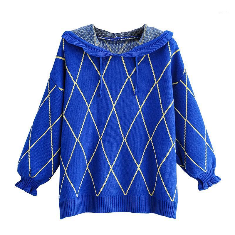 

Women's Sweaters Retro Loose Pullover Hooded Diamond Plaid Wood Ear Long-sleeved Sweater Thick Women 0918, Blue