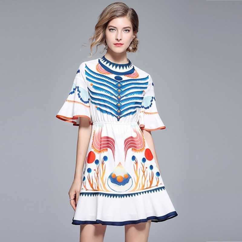 

High Quality Dress for Lady summer Women Runway Designer Print Flare Sleeve Ruffle mini bohemia boho dress 210525, Picture color