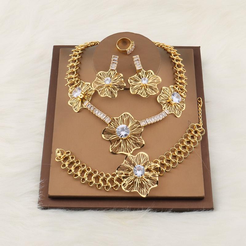 

Earrings & Necklace Fashion Wedding Jewelry Sets For Women Romantic Gold Flower Bracelet Trendy Shine Crystal Rings, Silver