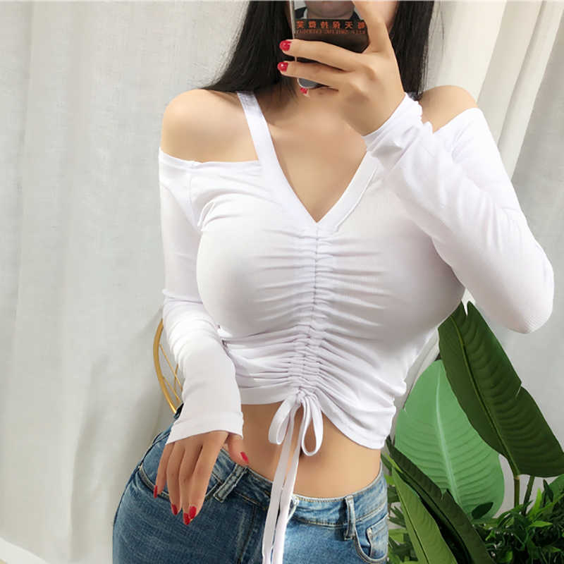

Shintimes Off Shoulder Tops Long Sleeve Shirring T Shirt Women Sexy V-Neck Spring Autumn Korean Style Slim Tee Femme 210615, Black t shirt