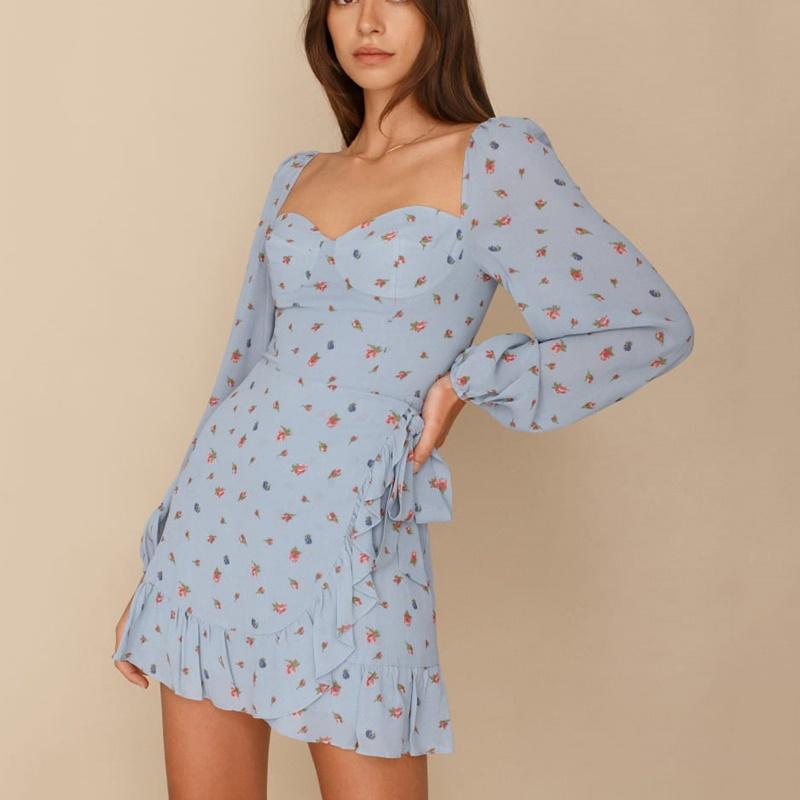 

Casual Dresses Elegant Dress Women Autumn Mini Square Collar Ladies Long Sleeve Sundress Streewear Vintage Vestidos, Blue