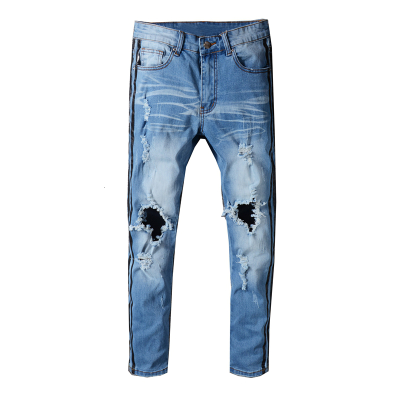 

2021 New European and American Street Jeans Men's Ripped Big Holes Scratched Beggar Denim Pants Stretch Male Trousers 5312 Vowe, Blue
