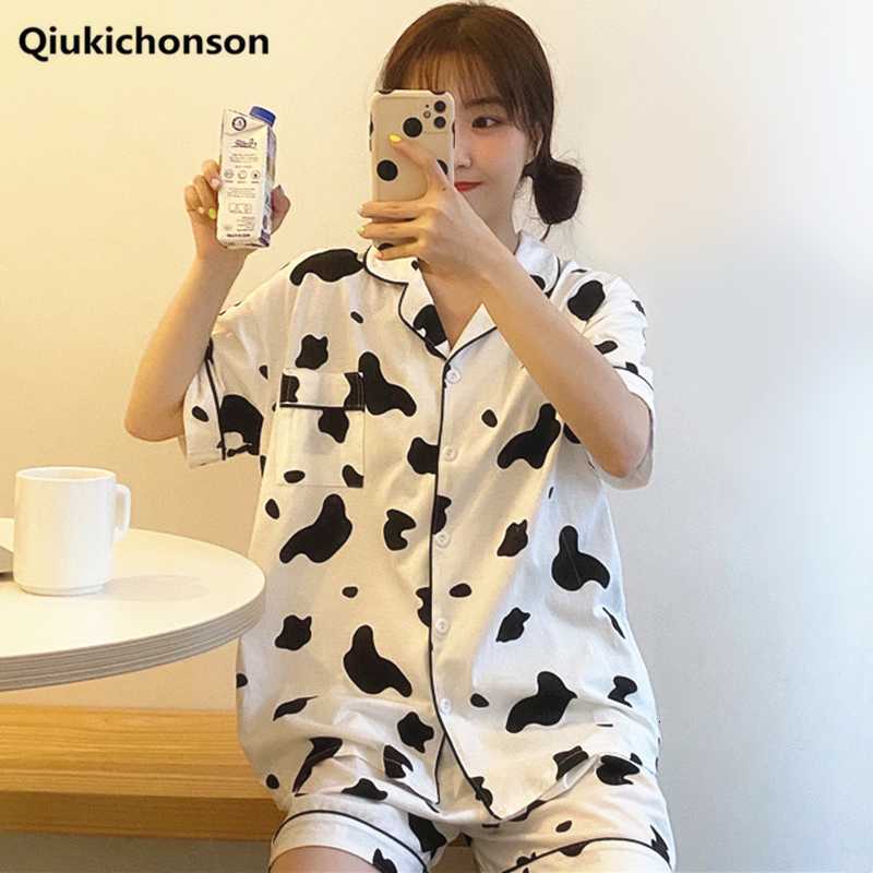 Women&#039;s Sleepwear Kawaii Cow Print Pajamas Shorts Set Summer Korean Style Notched Collar Women Pijama Teen Girls pyjama femme ete-image-702437090