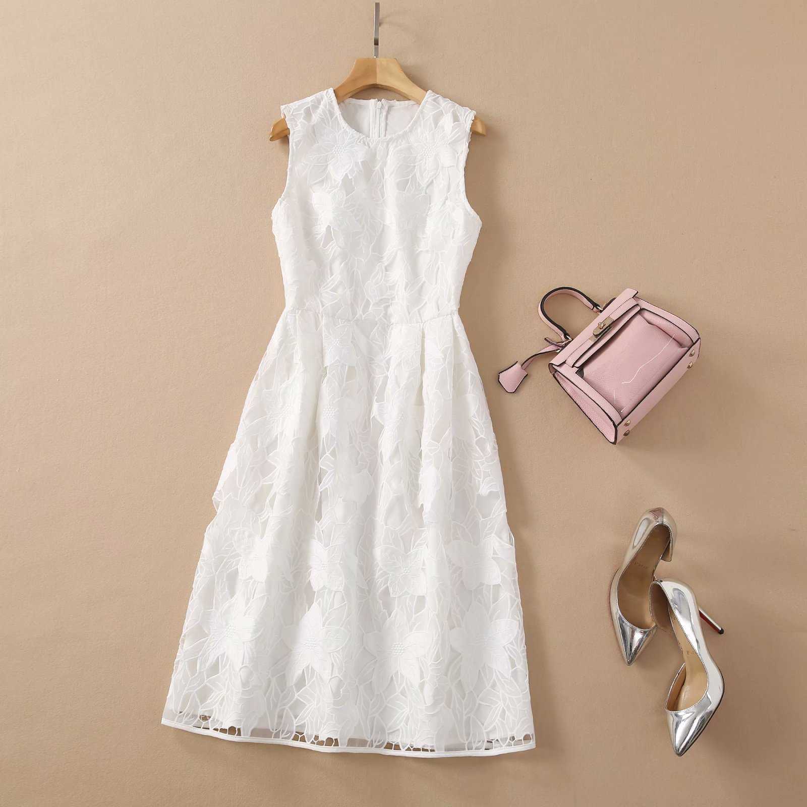 

HIGH QUALITY est Summer Fashion Designer Runway Women' Sleeveless Hollow Out Embroidery Tank Dress 210526, White