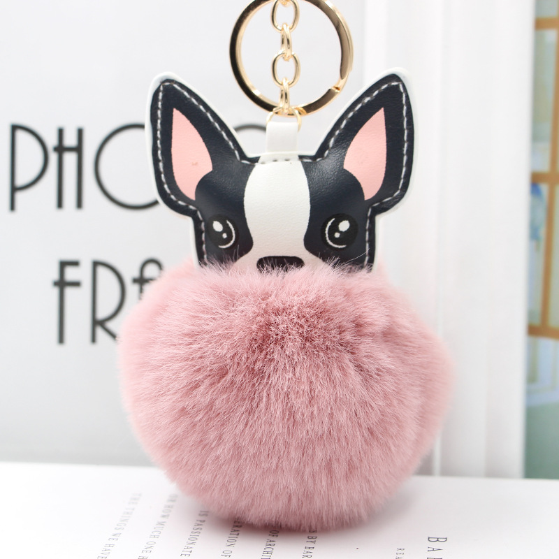 

Lovely Pompom Bulldog Keychain Fluffy Rabbit Fur Ball Dog Charm Leather Keyring Women Bag Car Key Ring