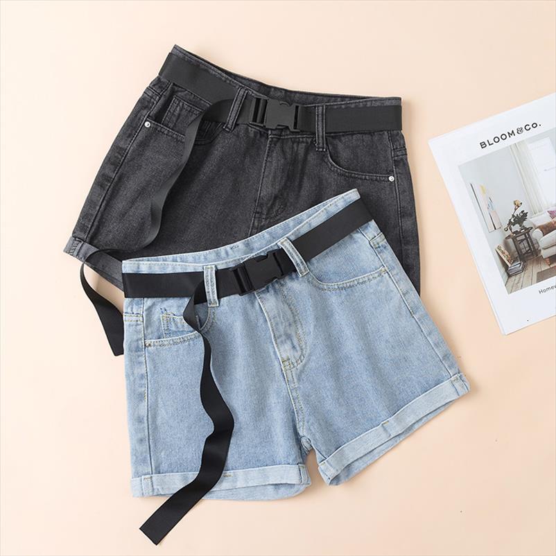

spring summer retro blue denim womens shorts with belt casual wide leg loose high waist jeans, White;black