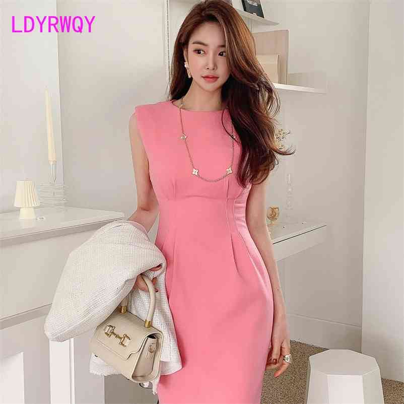 

LDYRWQY summer Korean edition temperament round collar fashion sexy sleeveless slim body hip wrap dress 210603, Watermelon powder