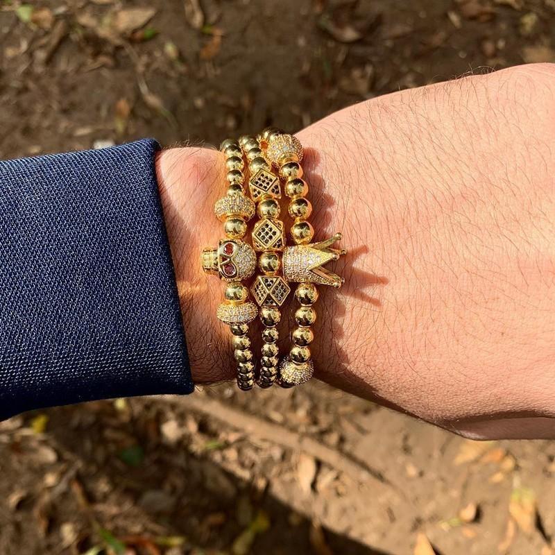 

Charm Bracelets NAIQUBE 2021 Skull Men Bracelet Pave CZ Fashion Luxury Crown Copper Beads Braided Women Jewelry Gift