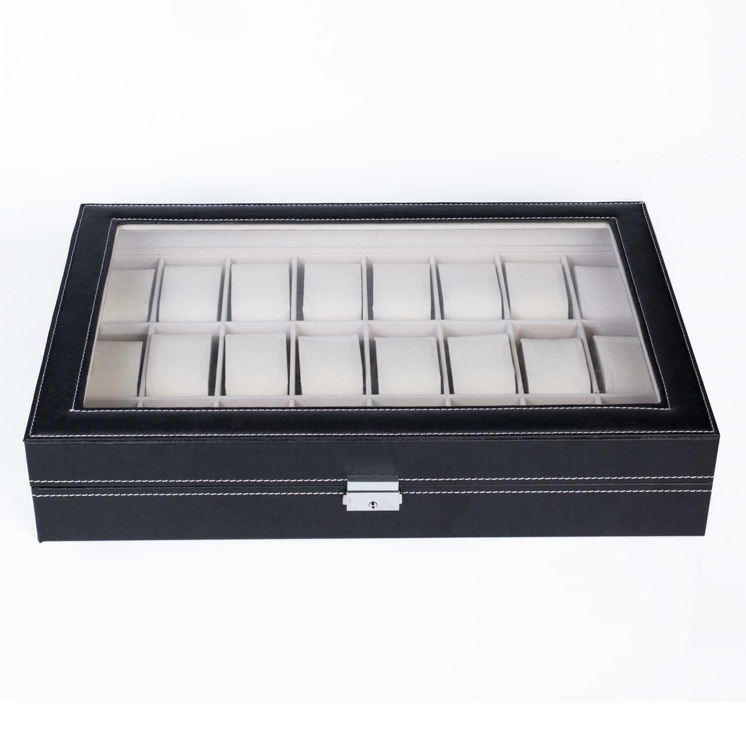

24 Slot Black Leather Watch Box Jewelry Storage Organizer w/ Glass Top Display