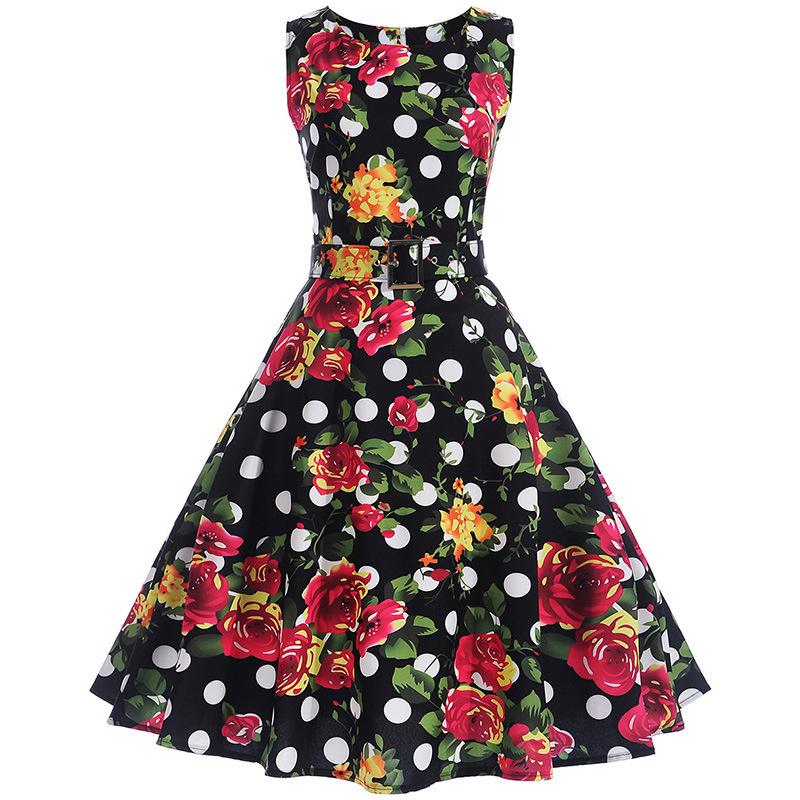 

Casual Dresses Vrouwen Zomer Jurk Print Bloemen Gewaad Retro Swing Elegant Vintage 50S Rockabilly Party Jurken Met Riem Vestidos, Picture color
