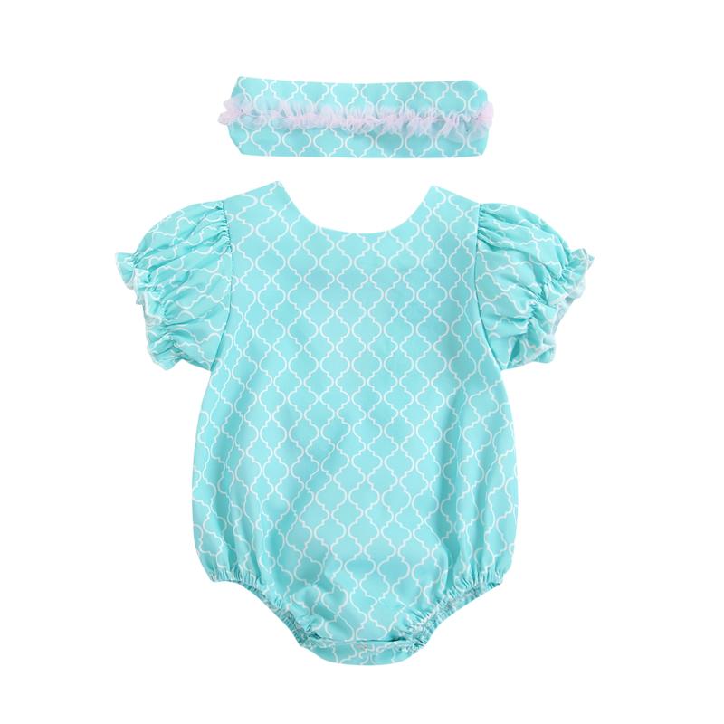 

Rompers Infant Baby Girls Two-piece Clothes Set, Blue Round Collar Short Sleeve Backless Romper And Headdress